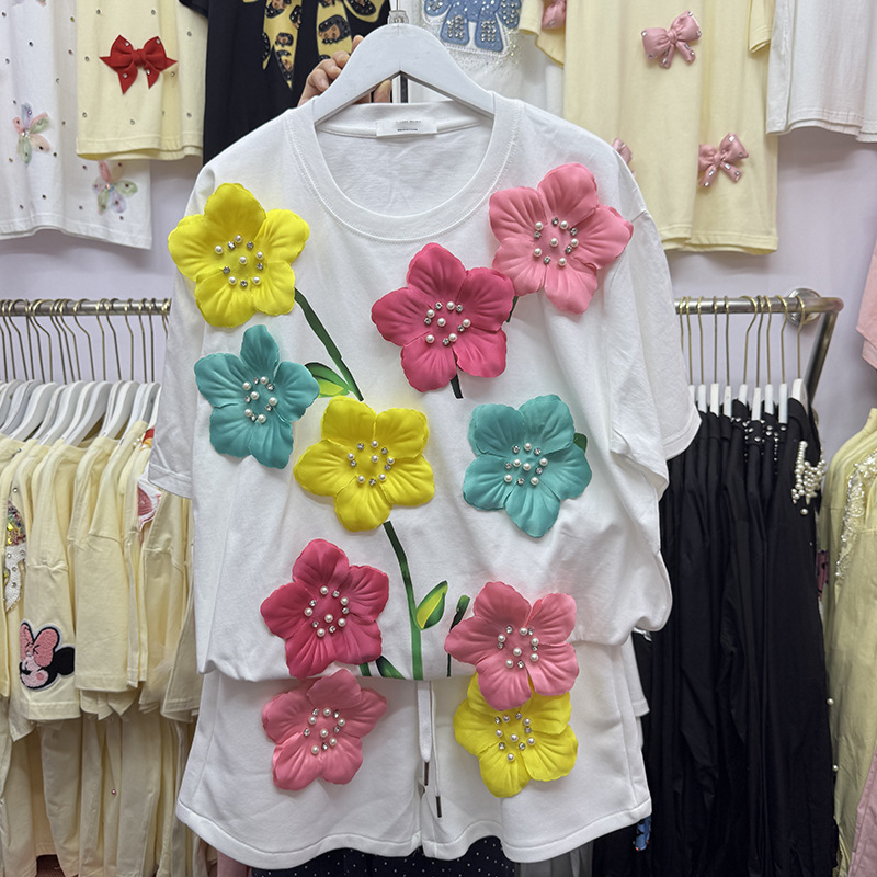 Summer Colorful 3D Flowers T-s - огляд і ціна Embroidery Cotton Shirt